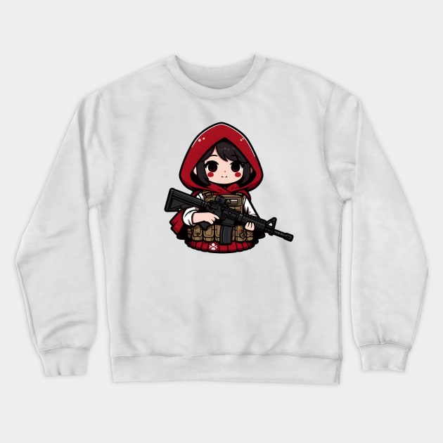 Tactical Little Red Riding Hood Adventure Tee: Where Fairytales Meet Bold Style Crewneck Sweatshirt by Rawlifegraphic